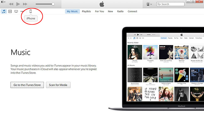 Щелкните значок iPhone в iTunes