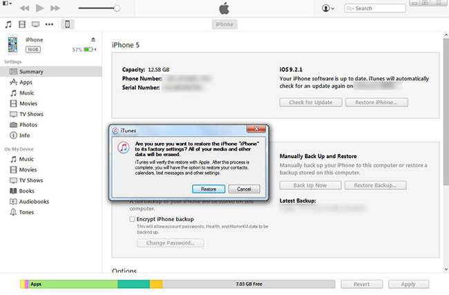Подтвердите восстановление iPhone с помощью iTunes