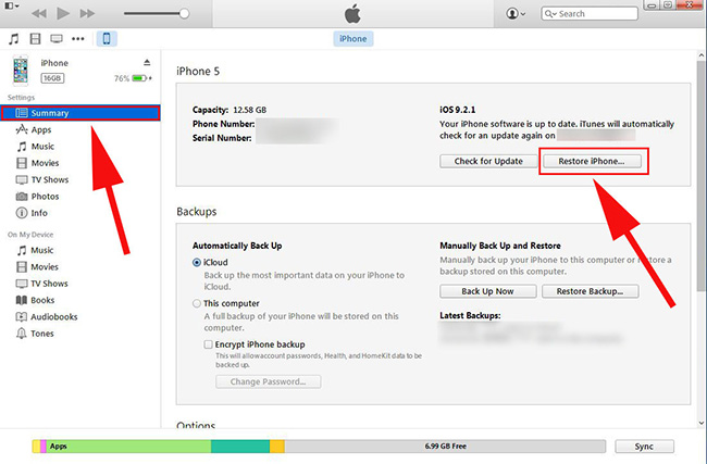 Восстановите iPhone с помощью iTunes