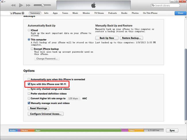Синхронизация iPhone через Wi-Fi